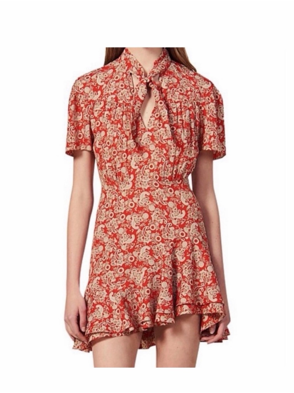 NWT Sandro Red and Cream Paisley Tie-Neck Mini Dress